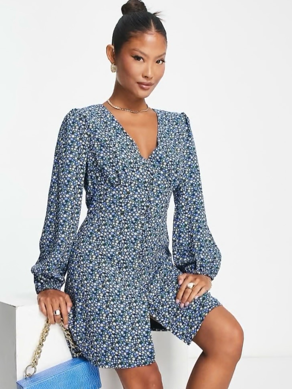 Glamorous Blue Floral V-Neck Long Sleeve Mini Dress Size 4P